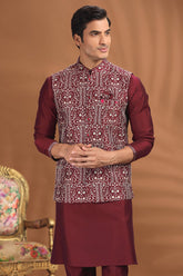 Maroon Silk Embroidered Kurta Pajama with Jacket